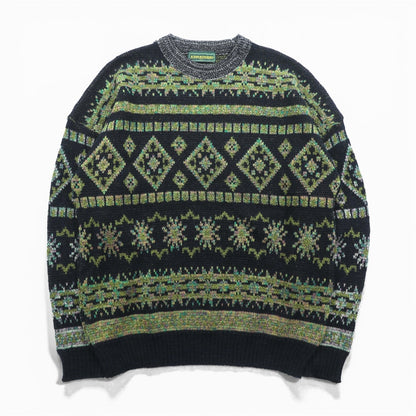 FIRENZE Jacquard Knitwear 総柄 フェアアイル ニット セーター L カーキ