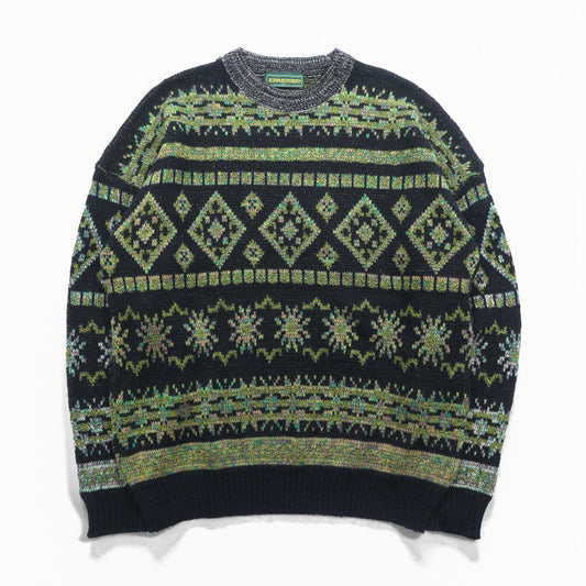 FIRENZE Jacquard Knitwear 総柄 フェアアイル ニット セーター L カーキ
