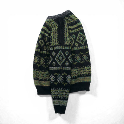 FIRENZE Jacquard Knitwear 総柄 フェアアイル ニット セーター L カーキ