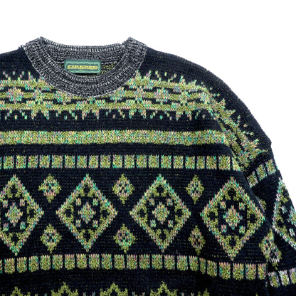 FIRENZE Jacquard Knitwear 総柄 フェアアイル ニット セーター L カーキ