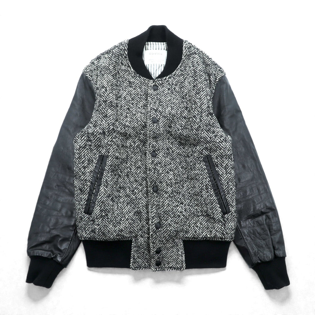 EDIFICE 袖レザー切替 スタジャン S ブラック ウール ヘリンボーン 牛革