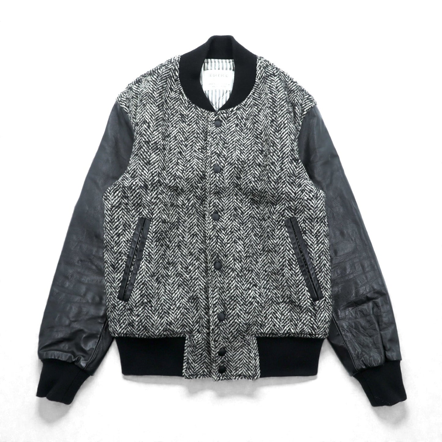 EDIFICE 袖レザー切替 スタジャン S ブラック ウール ヘリンボーン 牛革