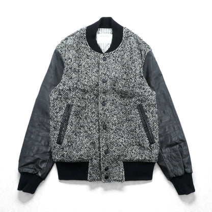 EDIFICE 袖レザー切替 スタジャン S ブラック ウール ヘリンボーン 牛革