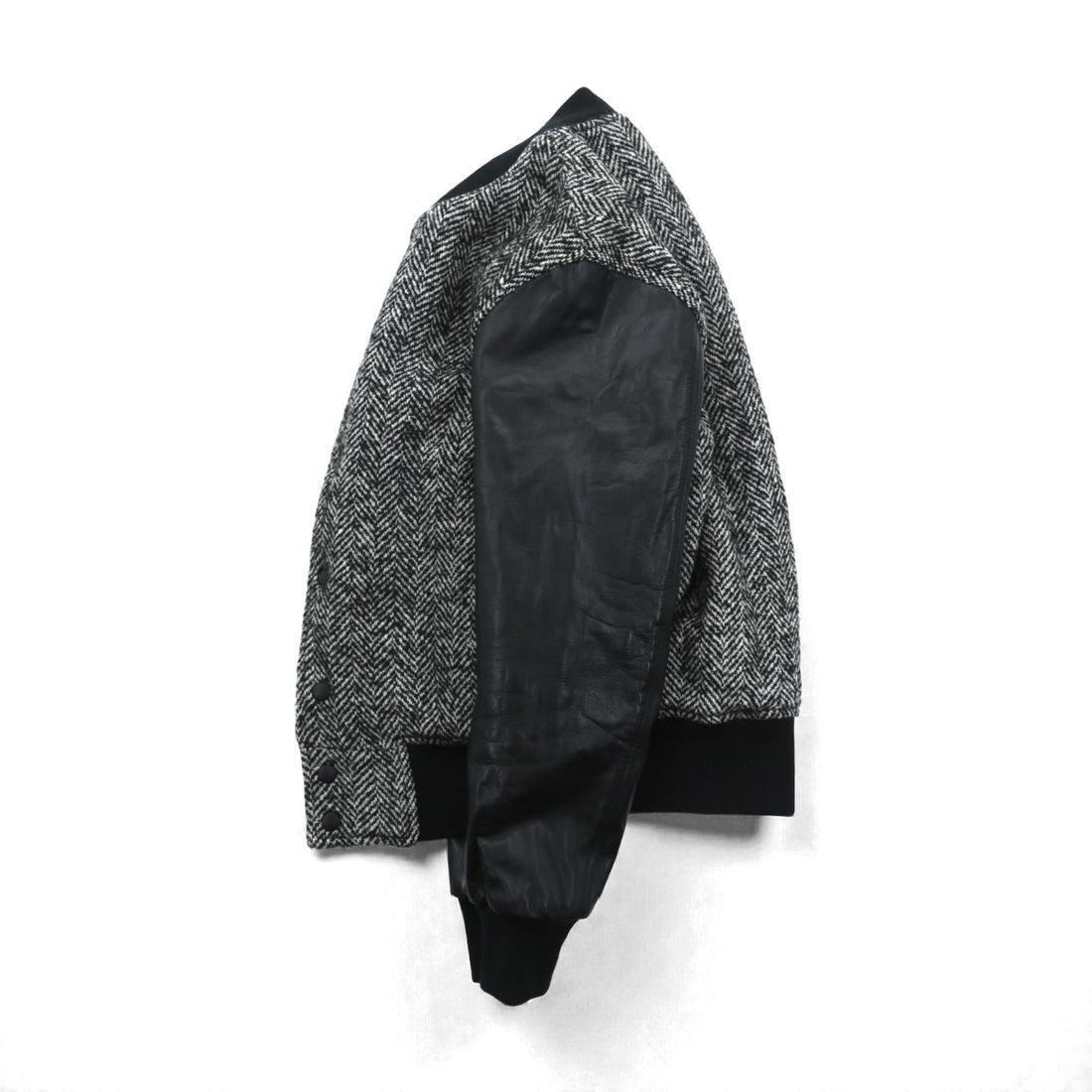 EDIFICE 袖レザー切替 スタジャン S ブラック ウール ヘリンボーン 牛革