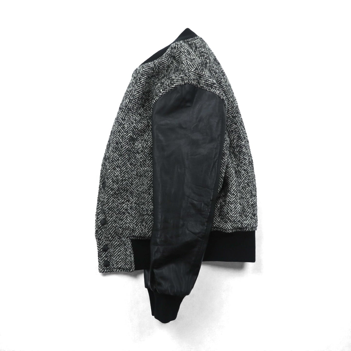EDIFICE 袖レザー切替 スタジャン S ブラック ウール ヘリンボーン 牛革