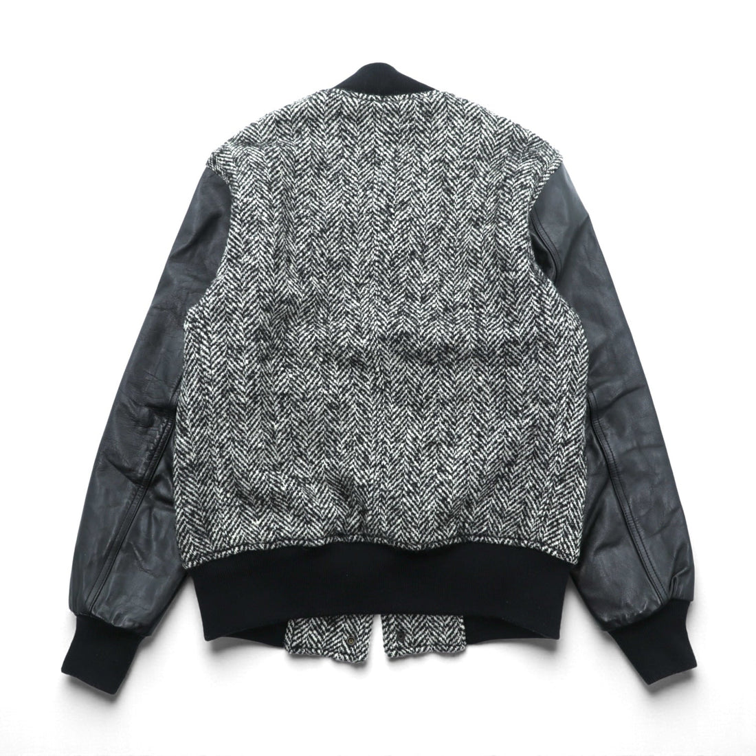 EDIFICE 袖レザー切替 スタジャン S ブラック ウール ヘリンボーン 牛革