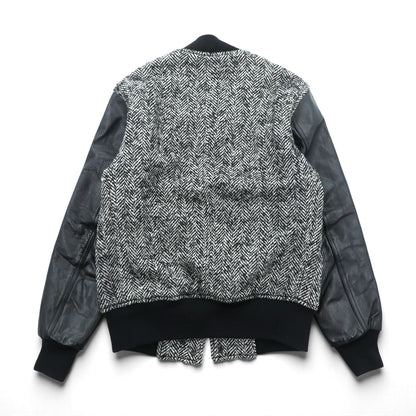 EDIFICE 袖レザー切替 スタジャン S ブラック ウール ヘリンボーン 牛革