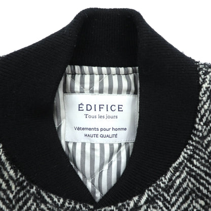 EDIFICE 袖レザー切替 スタジャン S ブラック ウール ヘリンボーン 牛革