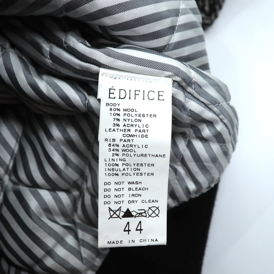 EDIFICE 袖レザー切替 スタジャン S ブラック ウール ヘリンボーン 牛革