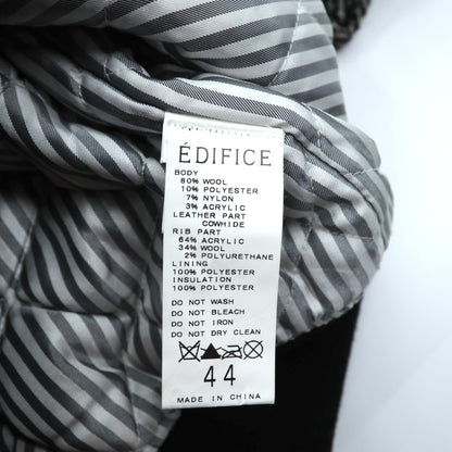 EDIFICE 袖レザー切替 スタジャン S ブラック ウール ヘリンボーン 牛革