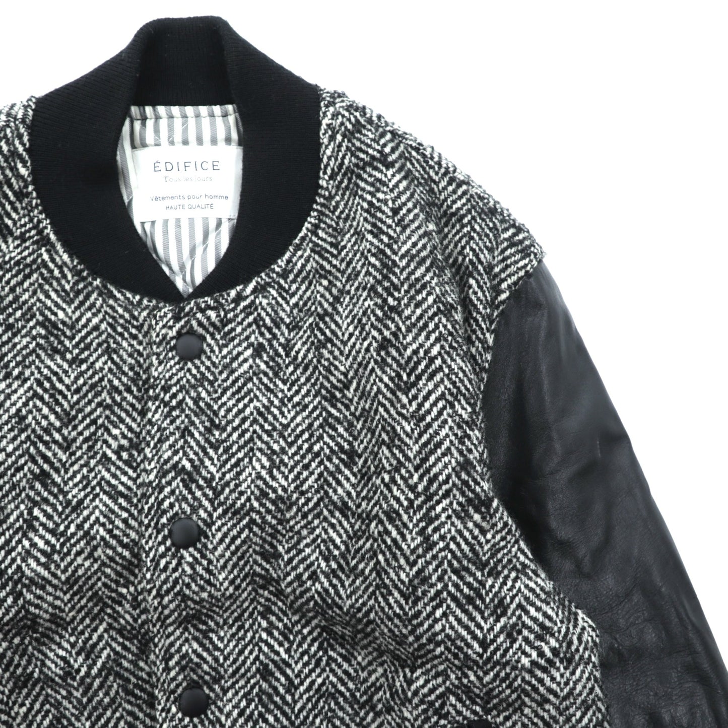 EDIFICE 袖レザー切替 スタジャン S ブラック ウール ヘリンボーン 牛革