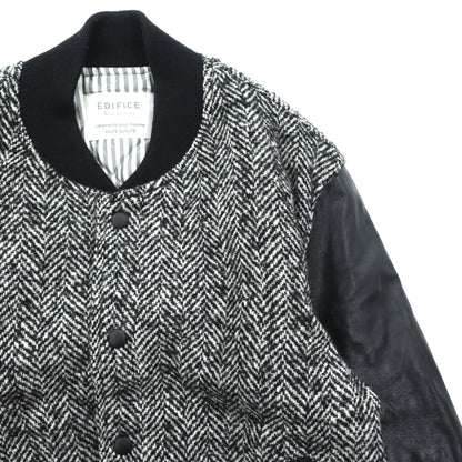 EDIFICE 袖レザー切替 スタジャン S ブラック ウール ヘリンボーン 牛革