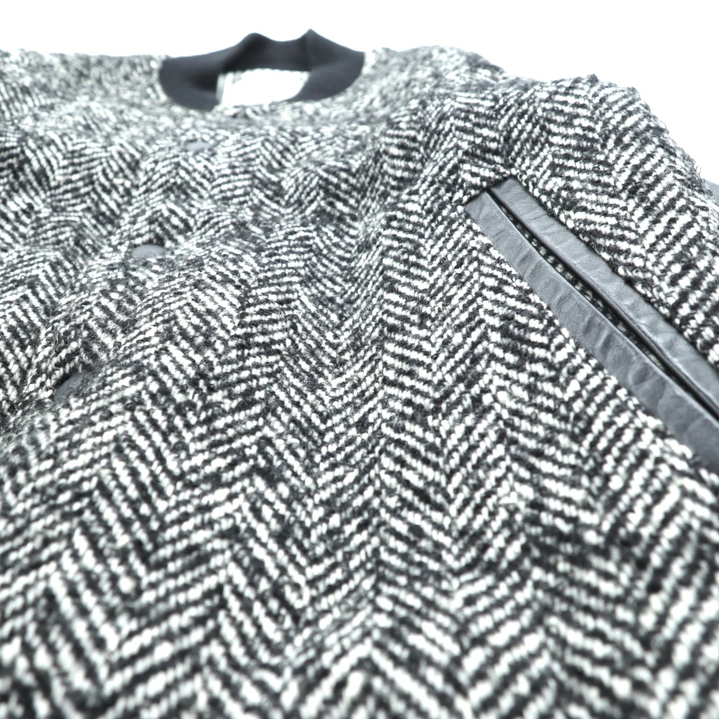 EDIFICE 袖レザー切替 スタジャン S ブラック ウール ヘリンボーン 牛革