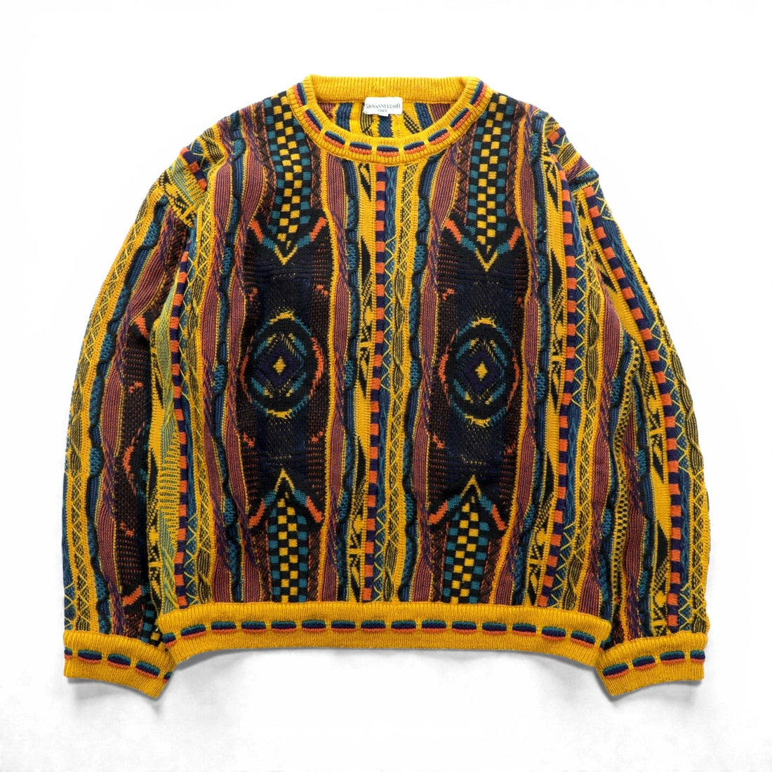 Giovanni Uomo 90s Italy Vintage 3D Textured Knitwear ニット セーター M イエロー 総柄 90年代