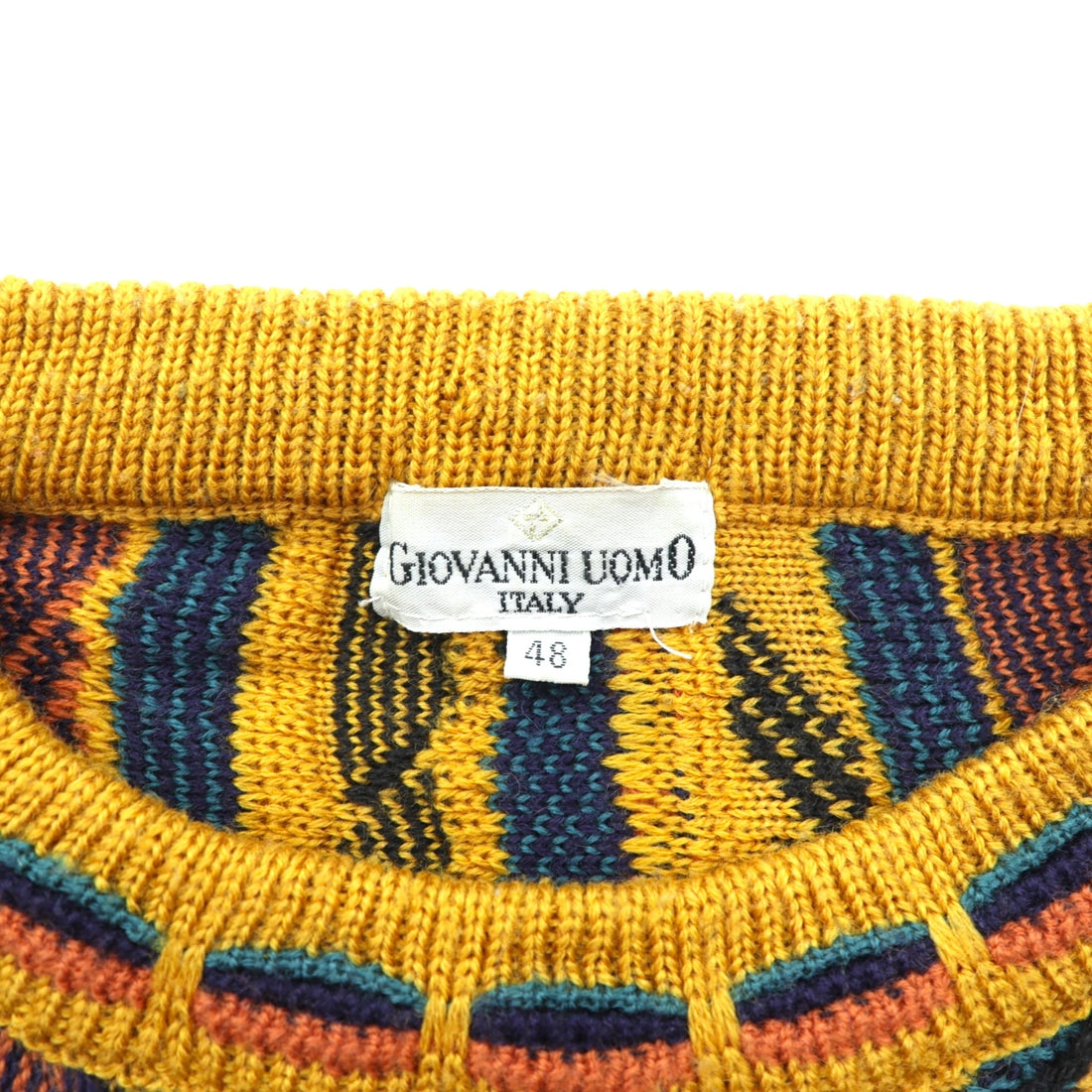 Giovanni Uomo 90s Italy Vintage 3D Textured Knitwear ニット セーター M イエロー 総柄 90年代