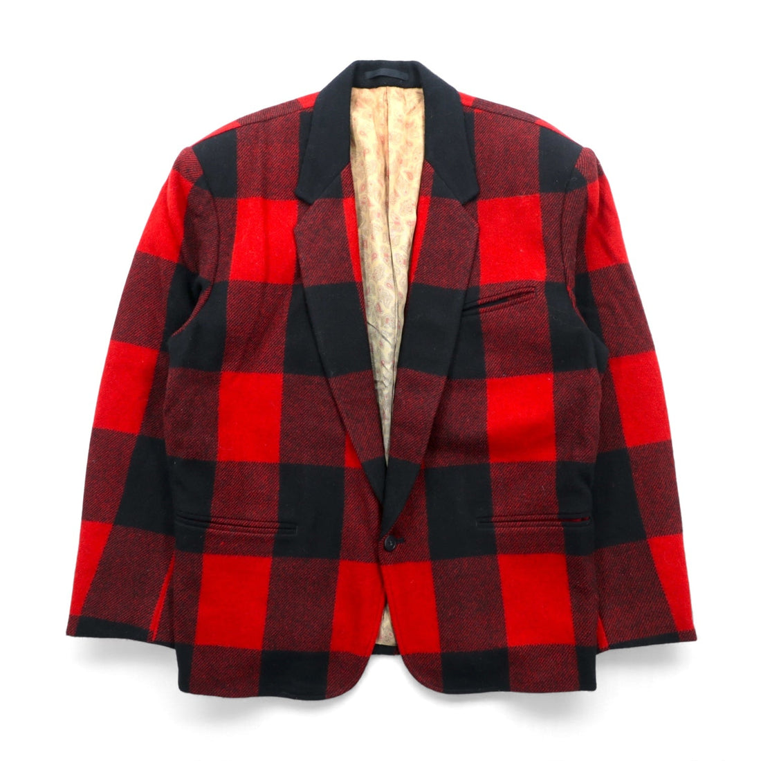 90s Japan Vintage Blazer バッファローチェック ツイード 1B テーラードジャケット ブレザー M レッド ウール 裏地 ペイズリー柄 INO 日本製