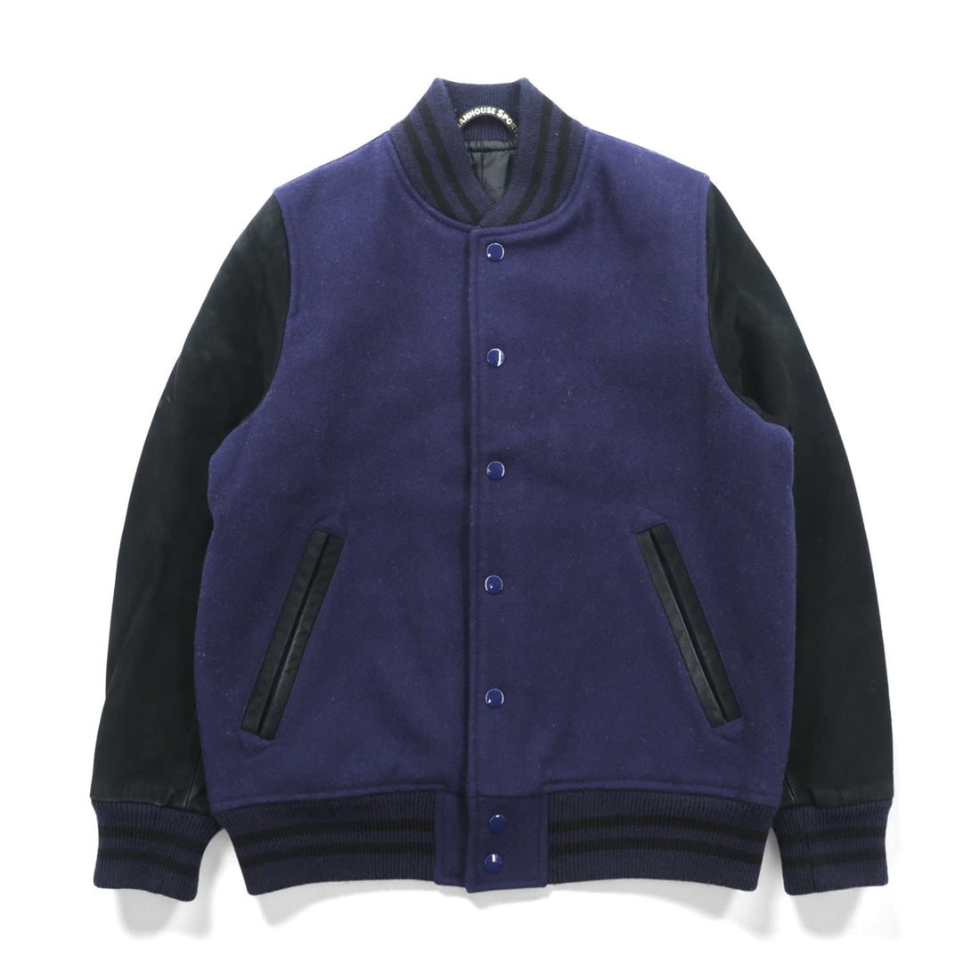 SHANHOUSE SPORTS Melton Varsity Jacket, Medium, Navy Wool, Goat Leather, Ribbed, with Leather Sleeve Panels