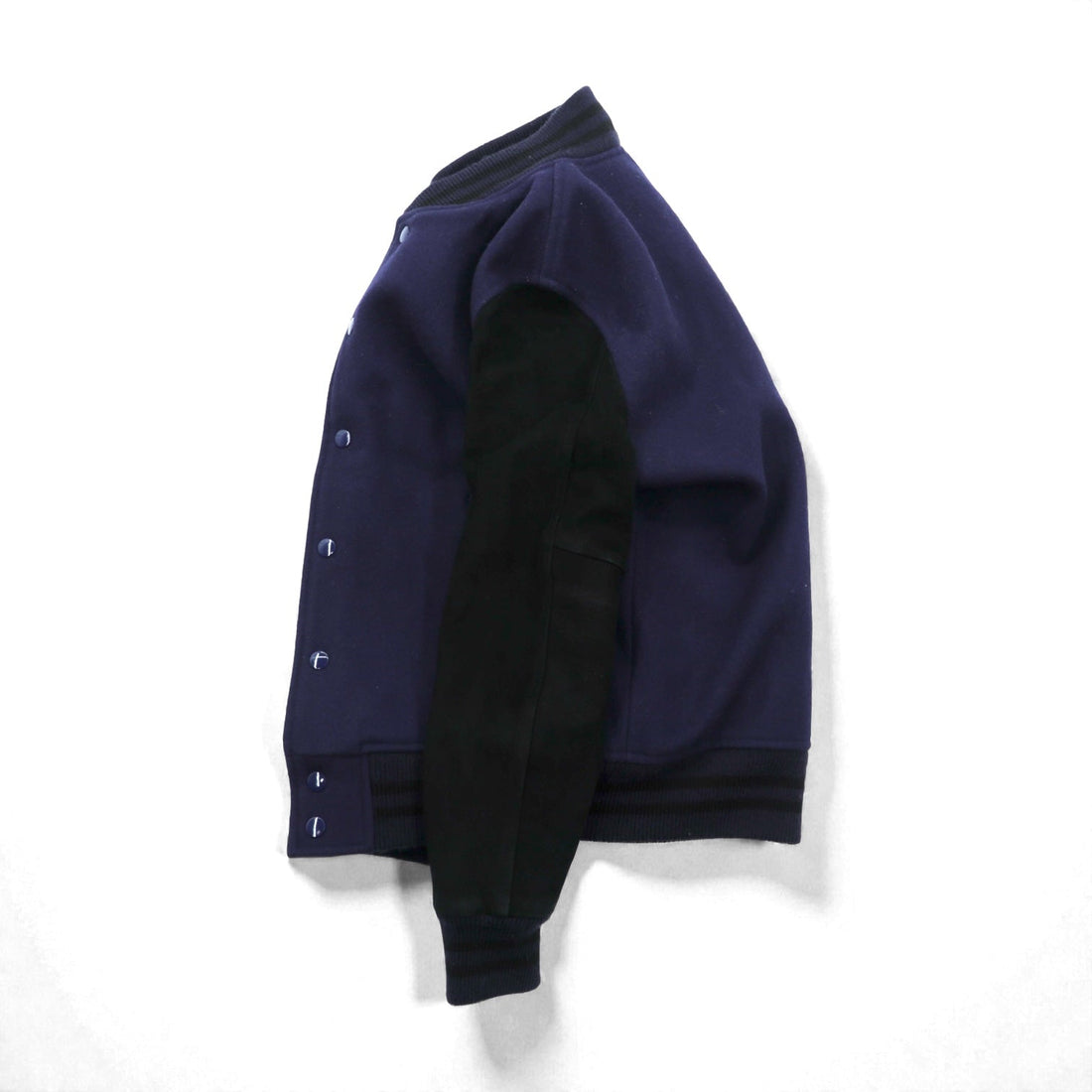 SHANHOUSE SPORTS Melton Varsity Jacket, Medium, Navy Wool, Goat Leather, Ribbed, with Leather Sleeve Panels
