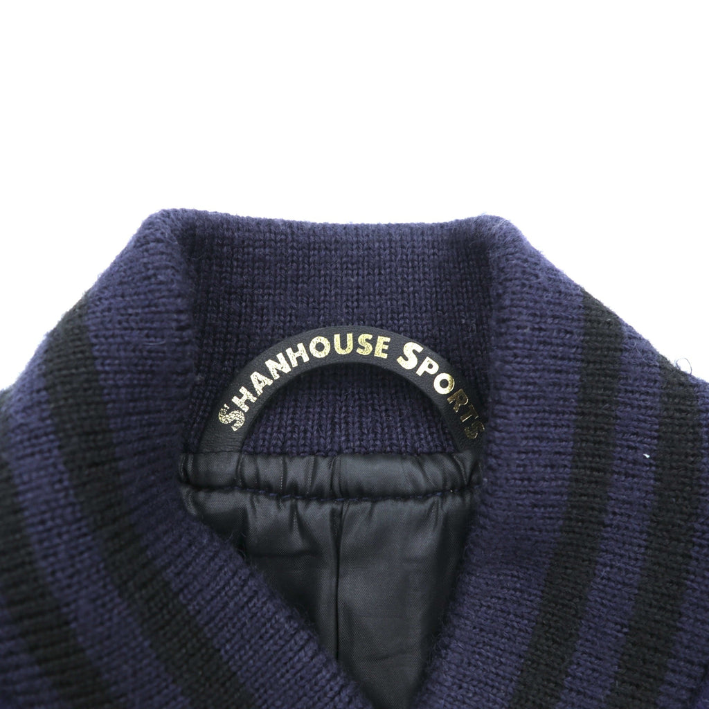 SHANHOUSE SPORTS 袖レザー切替 メルトン スタジャン M ネイビー ウール ヤギ革 リブライン