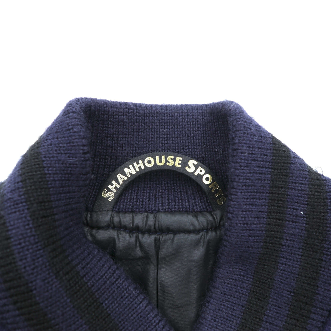 SHANHOUSE SPORTS Melton Varsity Jacket, Medium, Navy Wool, Goat Leather, Ribbed, with Leather Sleeve Panels