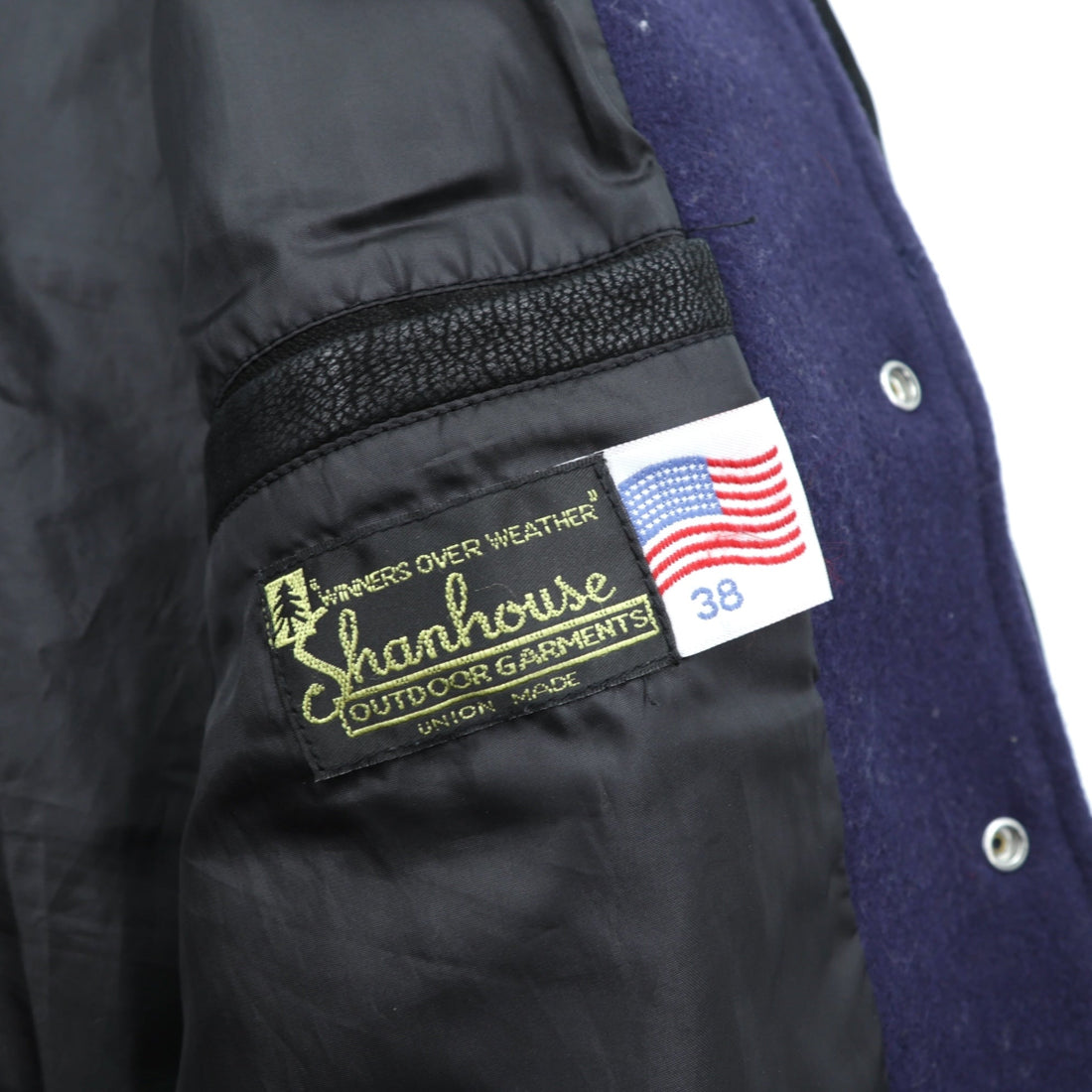 SHANHOUSE SPORTS Melton Varsity Jacket, Medium, Navy Wool, Goat Leather, Ribbed, with Leather Sleeve Panels