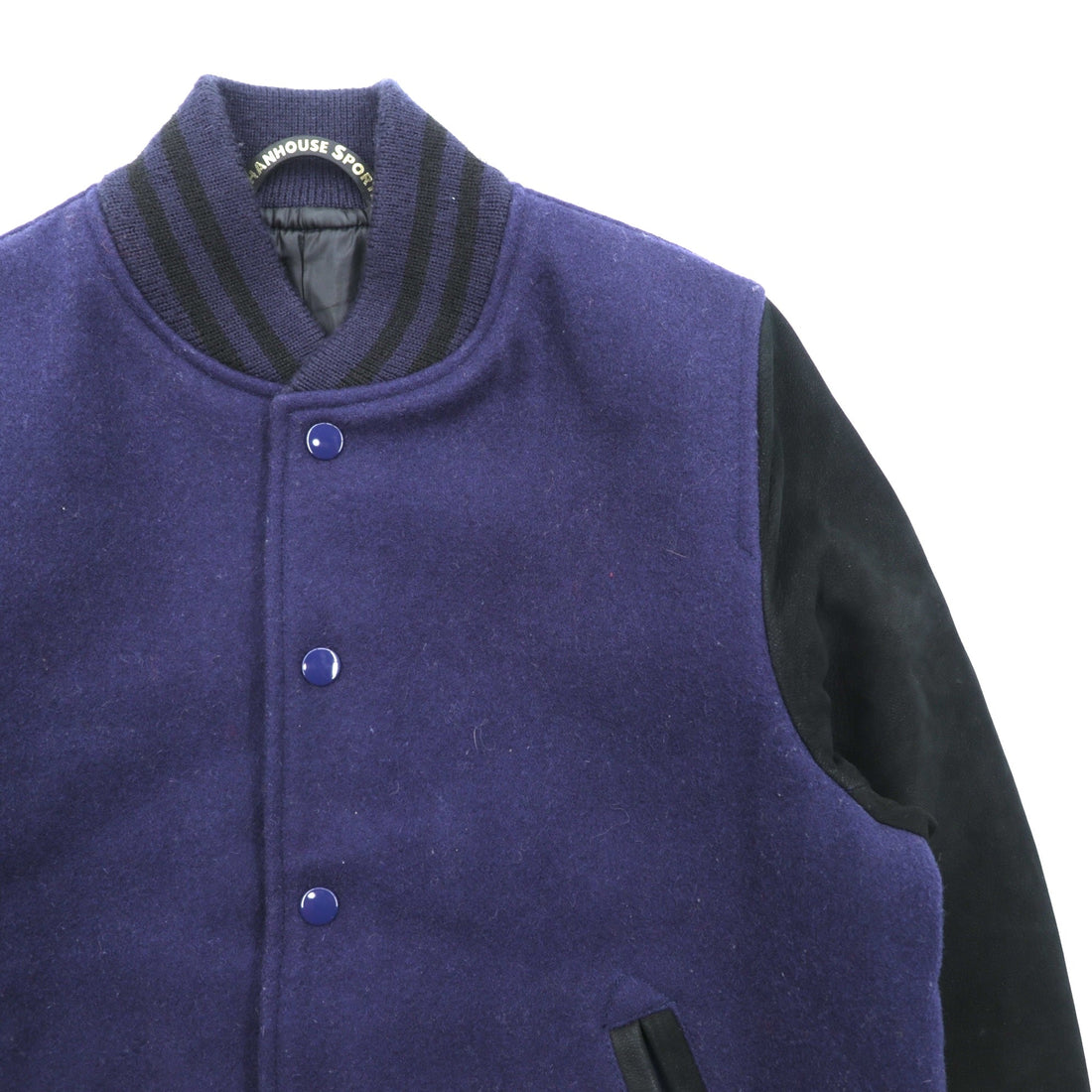 SHANHOUSE SPORTS Melton Varsity Jacket, Medium, Navy Wool, Goat Leather, Ribbed, with Leather Sleeve Panels