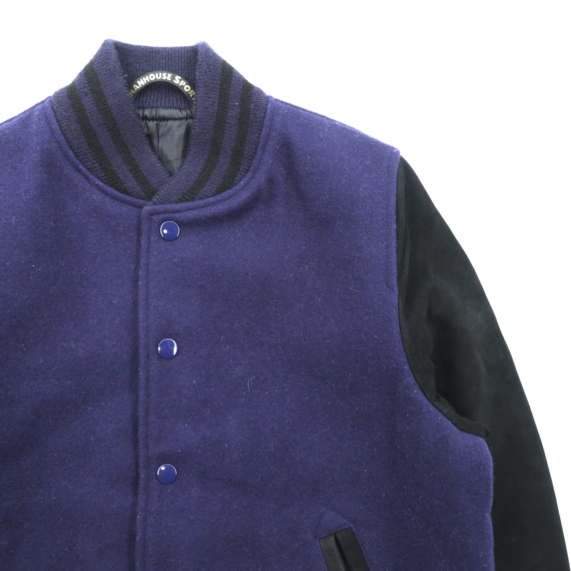 SHANHOUSE SPORTS 袖レザー切替 メルトン スタジャン M ネイビー ウール ヤギ革 リブライン