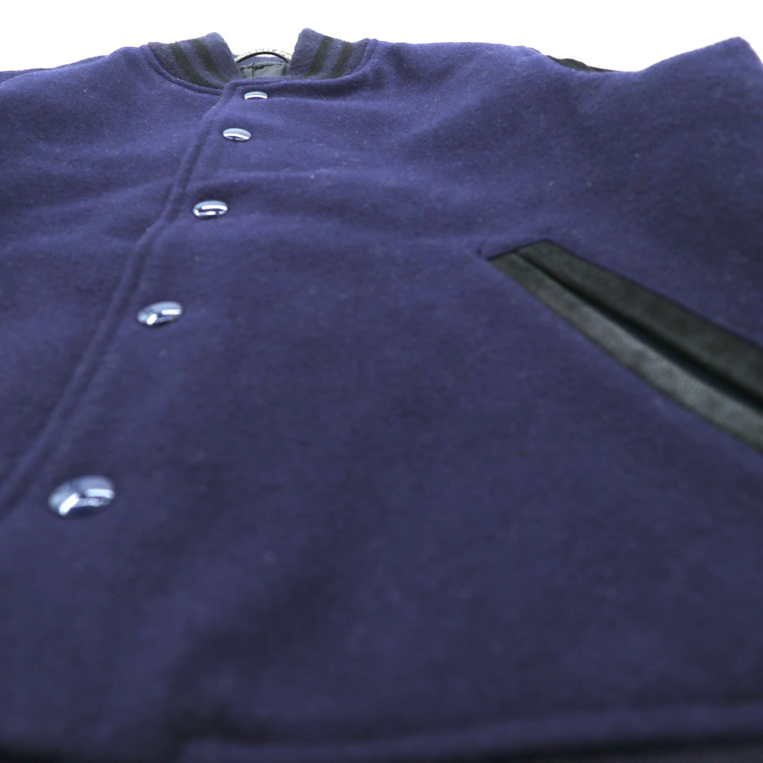 SHANHOUSE SPORTS Melton Varsity Jacket, Medium, Navy Wool, Goat Leather, Ribbed, with Leather Sleeve Panels