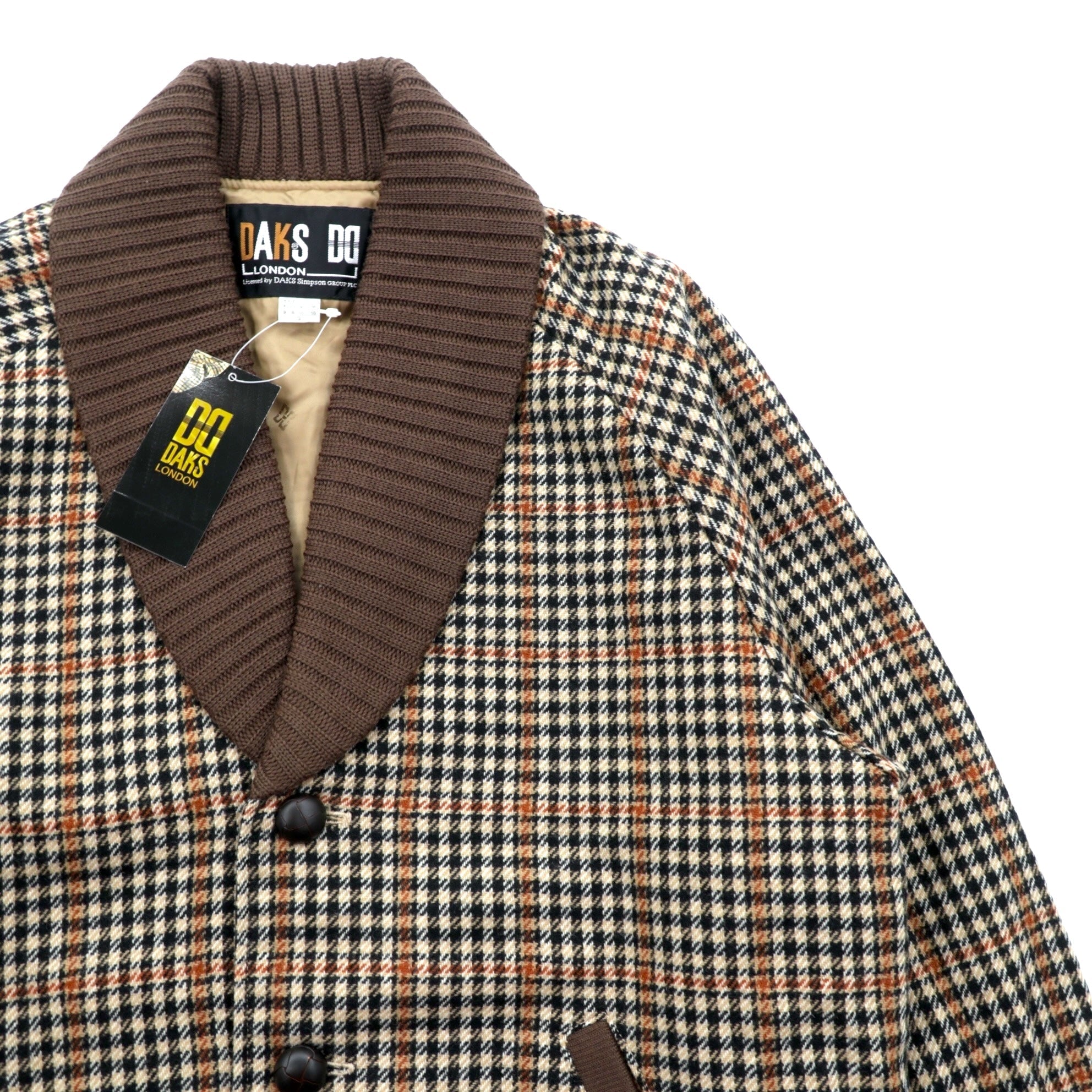 DAKS 90年代 日本製 ショールカラー リブ ブルゾン S ウール ガンクラブチェック くるみボタン 未使用品