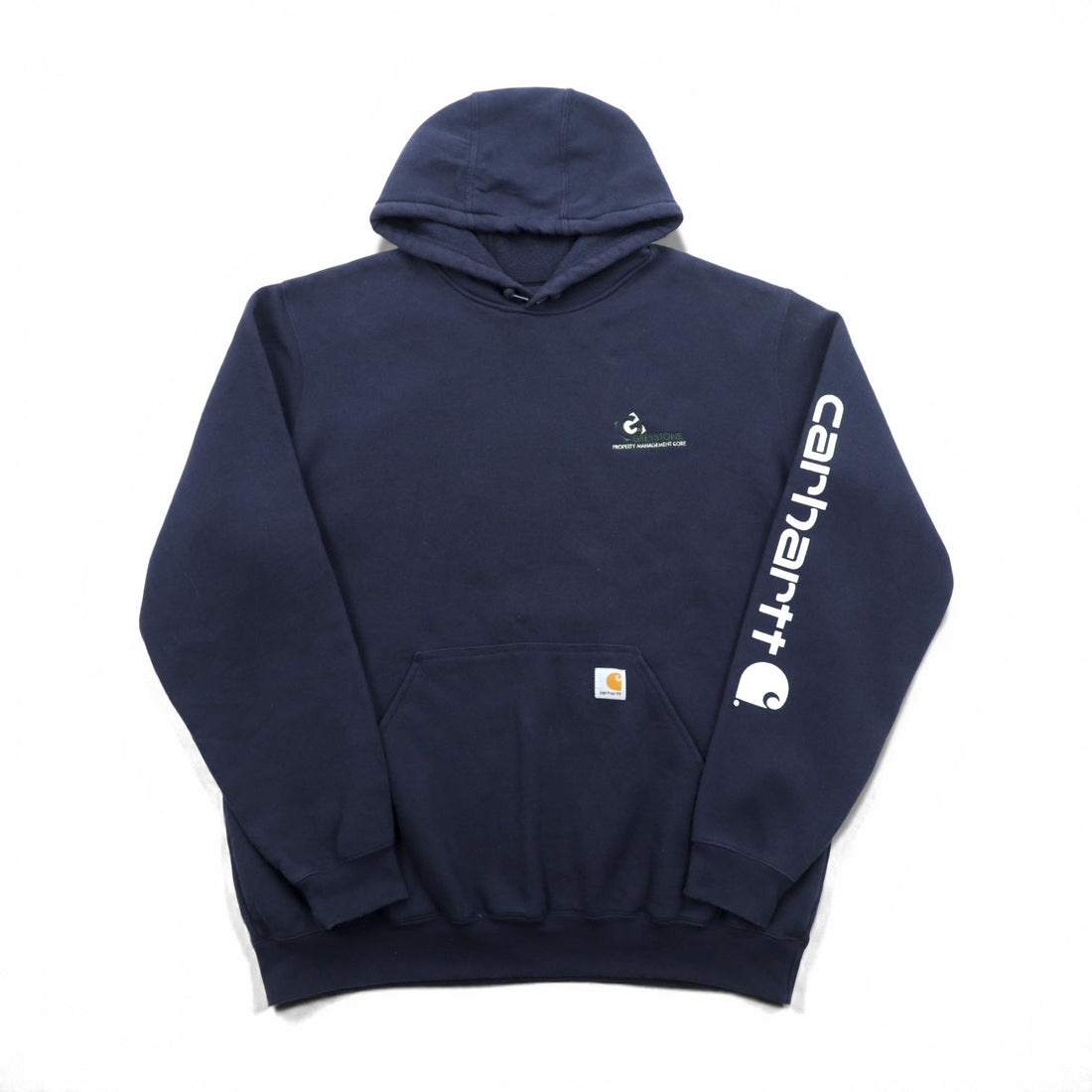 Carhartt Pullover Hoodie L Navy Fleece Lined Kangaroo Pocket Sleeve Logo K288