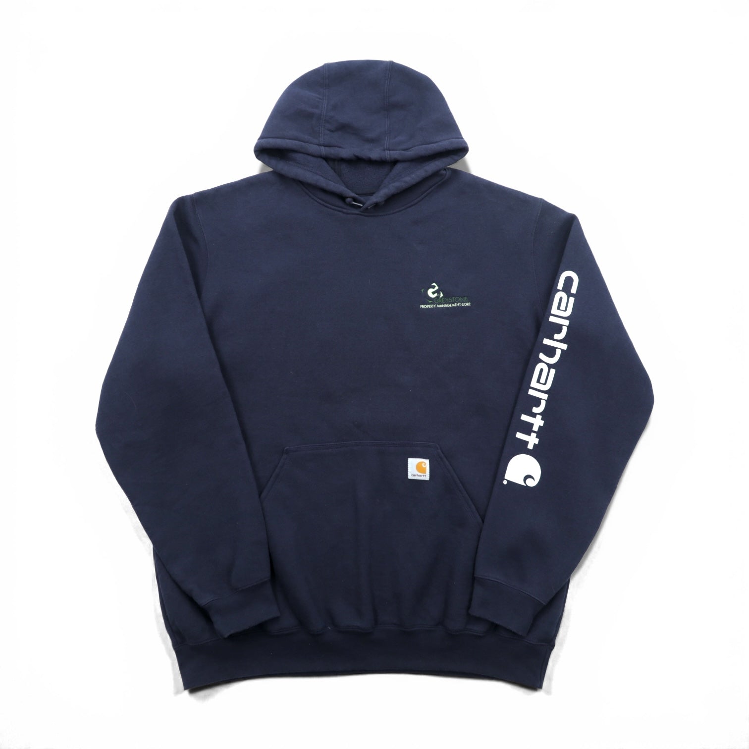 carhartt プルオーバー パーカー L ネイビー 裏起毛 カンガルーポケット 袖ロゴ K288