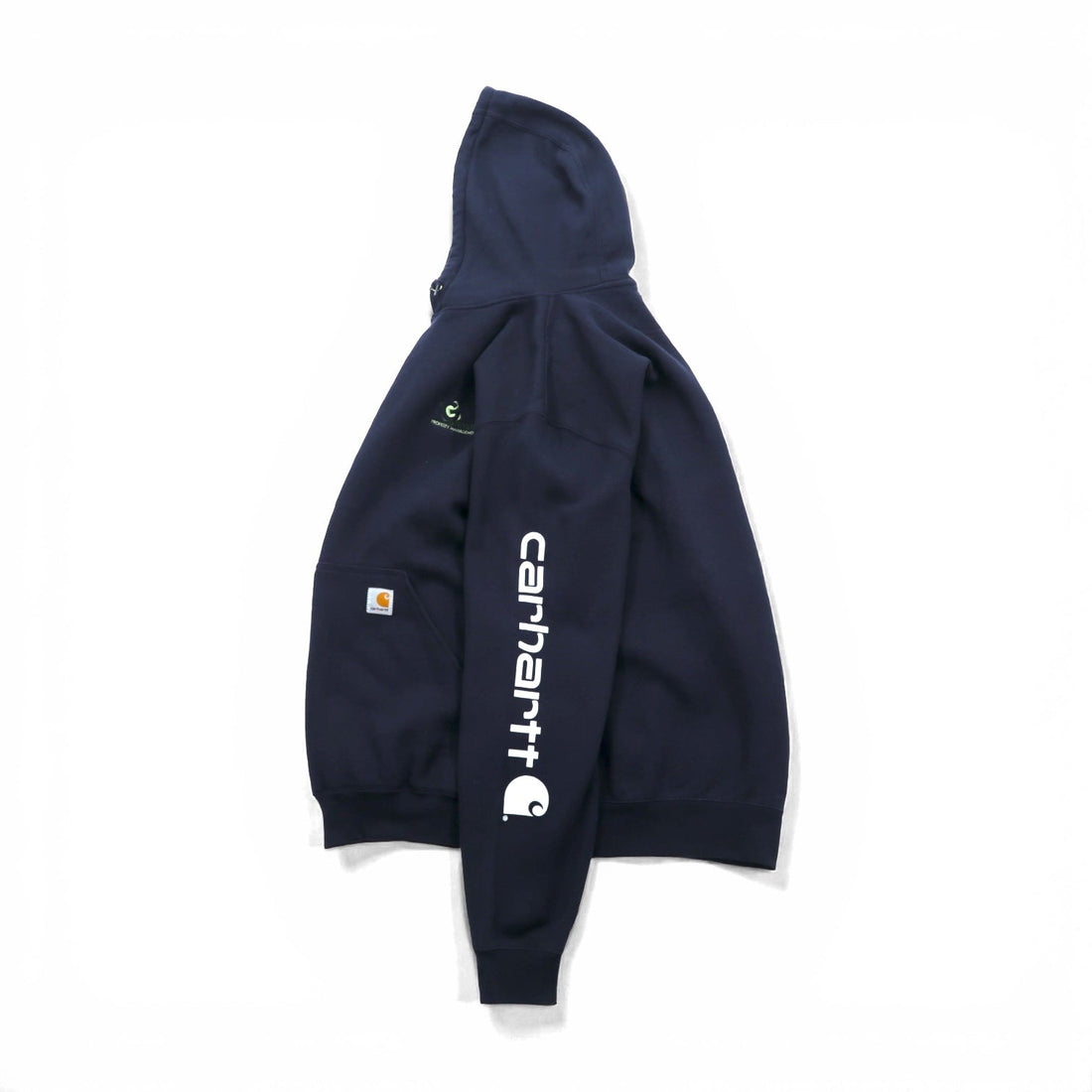 Carhartt Pullover Hoodie L Navy Fleece Lined Kangaroo Pocket Sleeve Logo K288