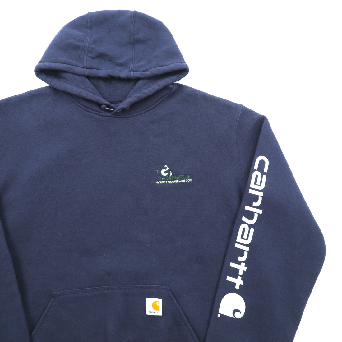 Carhartt Pullover Hoodie L Navy Fleece Lined Kangaroo Pocket Sleeve Logo K288