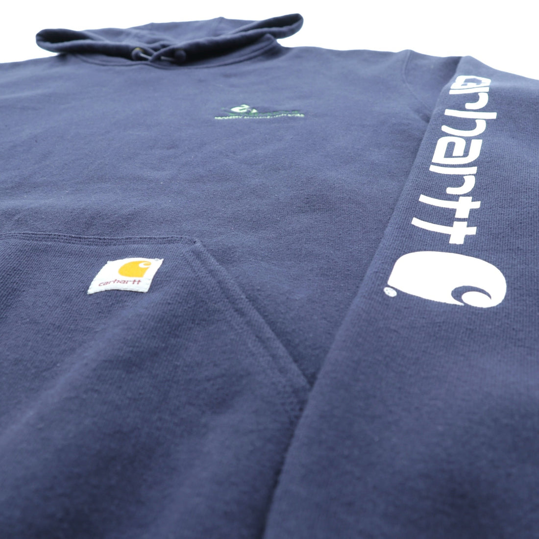 Carhartt Pullover Hoodie L Navy Fleece Lined Kangaroo Pocket Sleeve Logo K288
