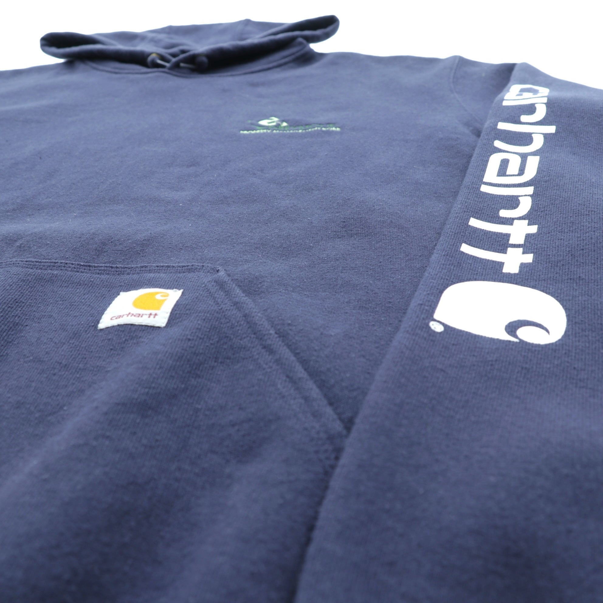 carhartt プルオーバー パーカー L ネイビー 裏起毛 カンガルーポケット 袖ロゴ K288