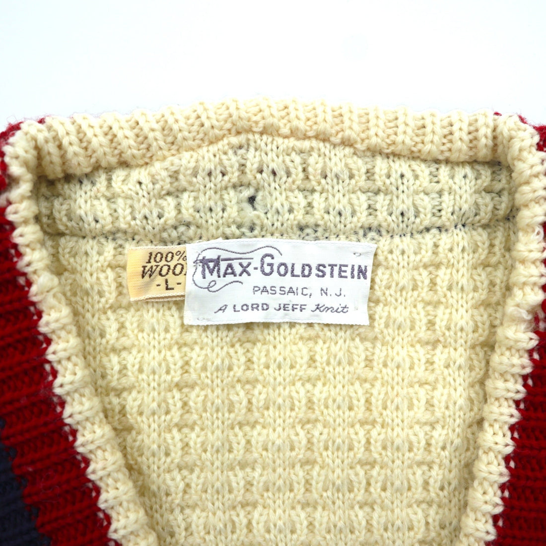 60s USA UNION MADE Vintage Knitwear Waffle Knit Tillden Sweater, Size L, Natural Wool, Max-Goldstein, Lord Jeff Knit, 60s, in