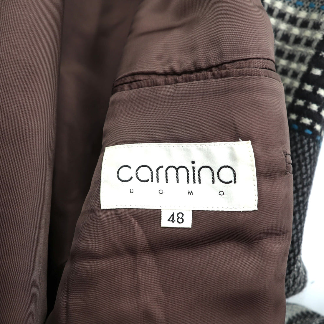 Carmina Uomo 90s Vintage Tweed 2B Tailored Jacket, Leather, Size L, Gray Wool Check