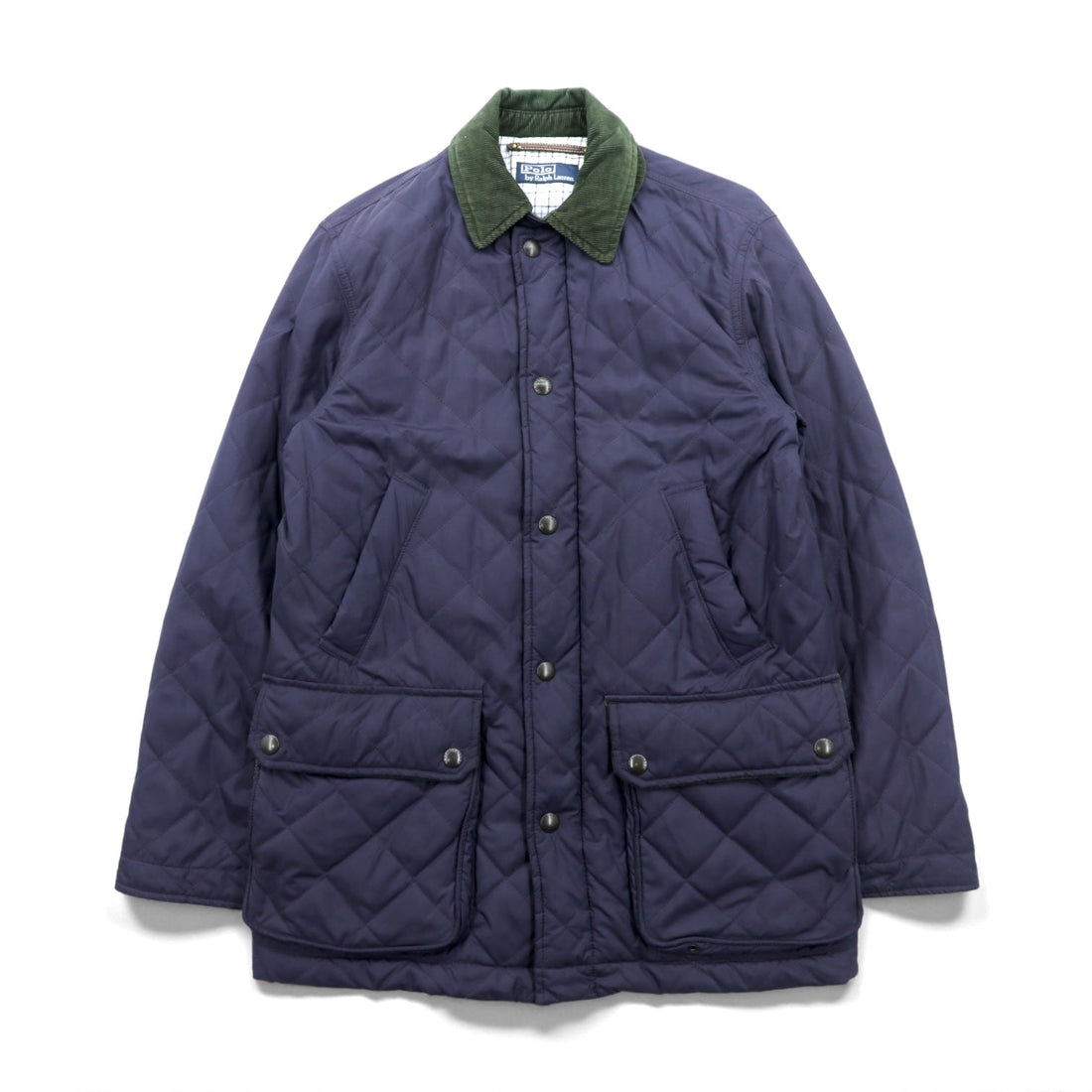 Polo Ralph Lauren 90s Padded Quilted Jacket, Large, Navy, Corduroy Collar, Double Zip, Chin Strap, Elbow Patches, Check Lining