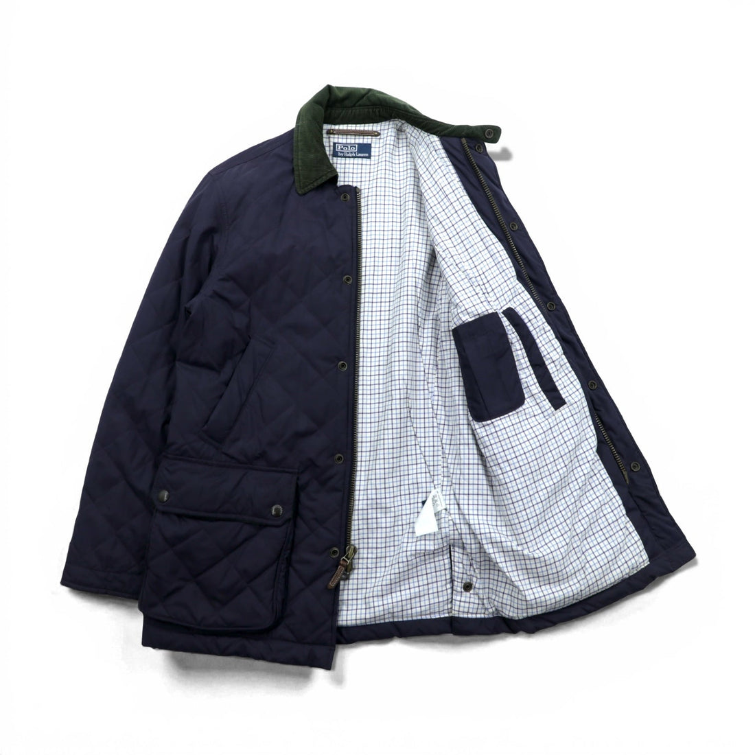 Polo Ralph Lauren 90s Padded Quilted Jacket, Large, Navy, Corduroy Collar, Double Zip, Chin Strap, Elbow Patches, Check Lining