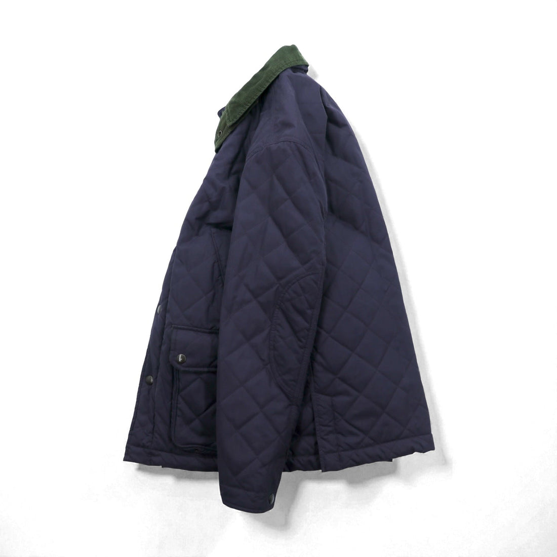 Polo Ralph Lauren 90s Padded Quilted Jacket, Large, Navy, Corduroy Collar, Double Zip, Chin Strap, Elbow Patches, Check Lining