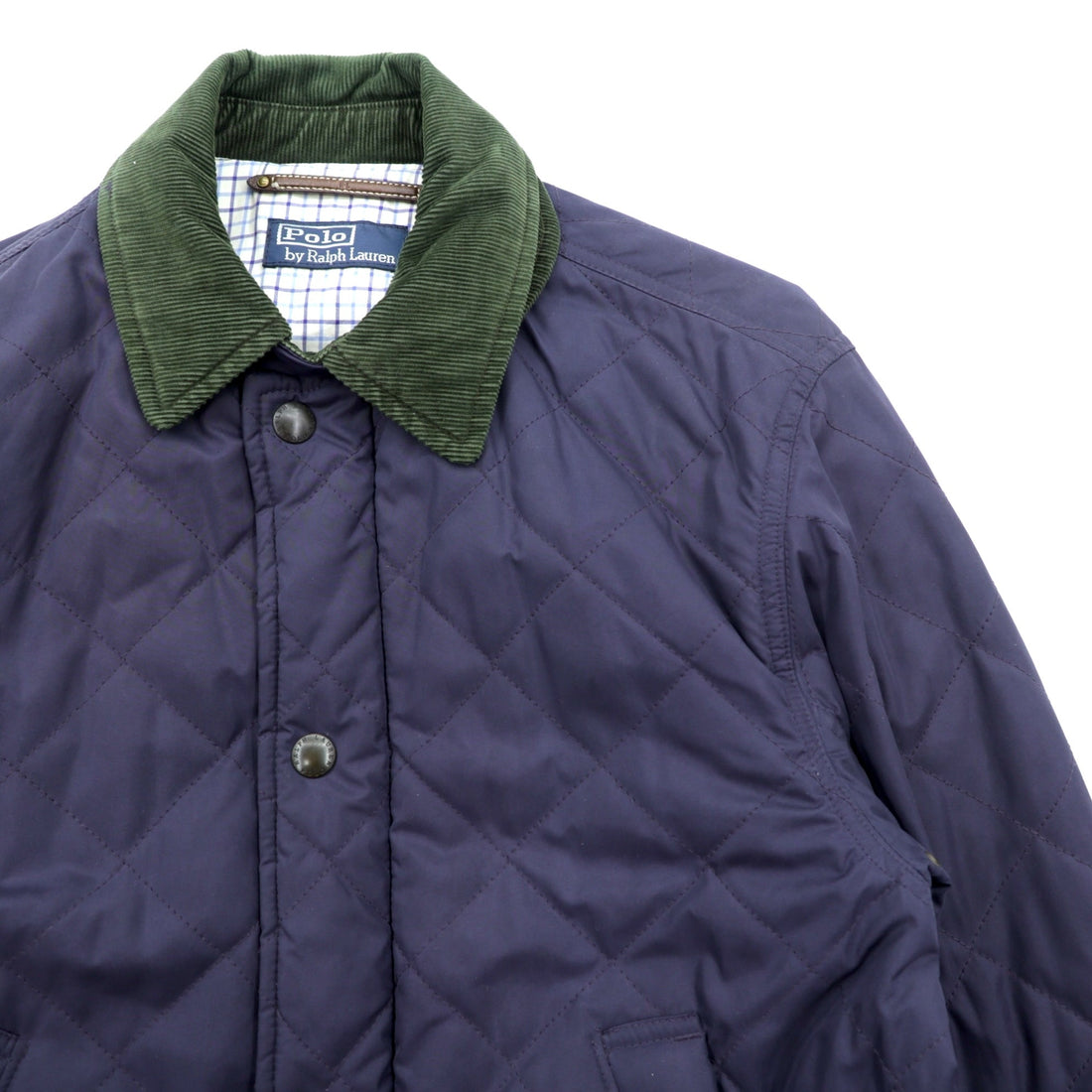 Polo Ralph Lauren 90s Padded Quilted Jacket, Large, Navy, Corduroy Collar, Double Zip, Chin Strap, Elbow Patches, Check Lining