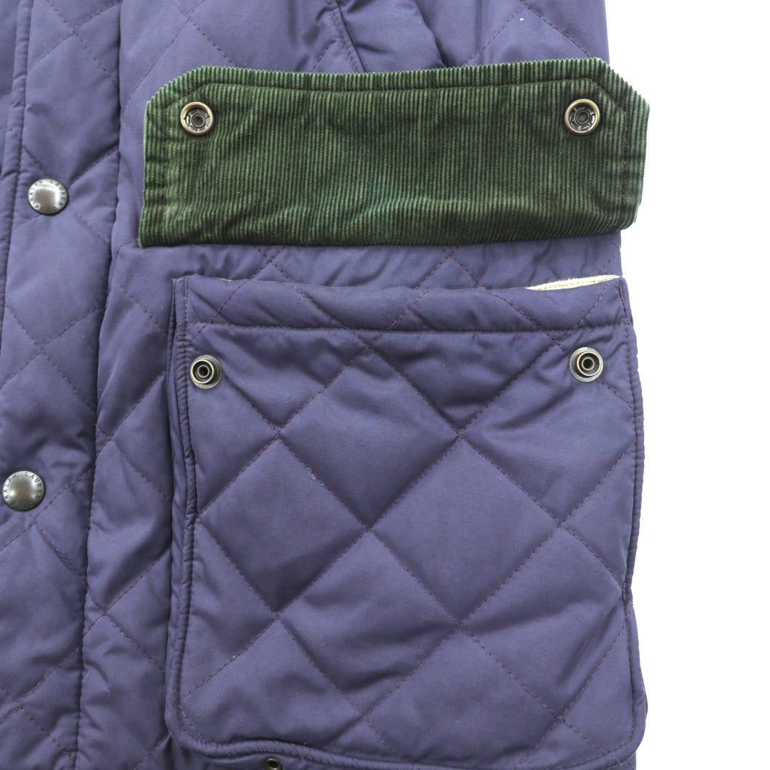 Polo Ralph Lauren 90s Padded Quilted Jacket, Large, Navy, Corduroy Collar, Double Zip, Chin Strap, Elbow Patches, Check Lining
