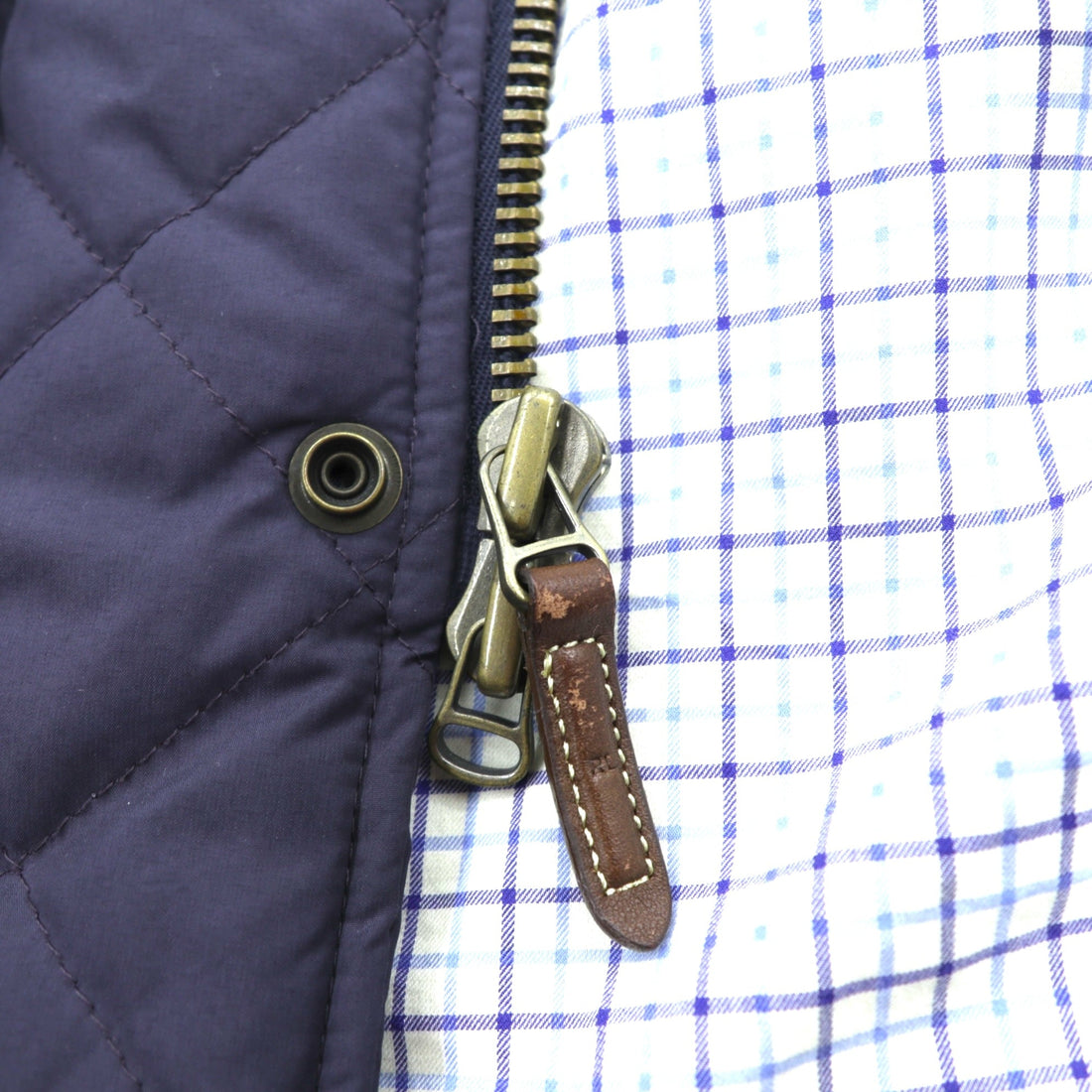 Polo Ralph Lauren 90s Padded Quilted Jacket, Large, Navy, Corduroy Collar, Double Zip, Chin Strap, Elbow Patches, Check Lining