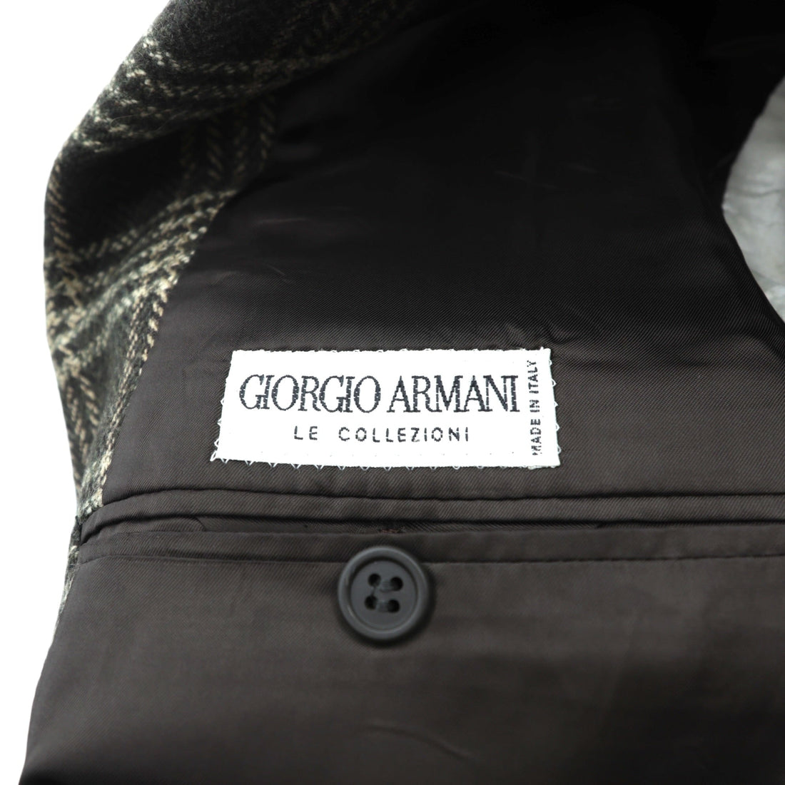 GIORGIO ARMANI Made in Italy LE COLLEZIONI Tweed 2B Tailored Jacket Leather L Brown Wool Check BLOOMINGDALE'S