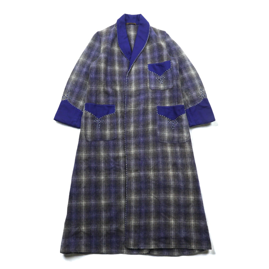 70s Vintage Robe Coat 英国製 ガウン ローブ コート FREE ブルー 刺繍 ウール チェック イギリス製