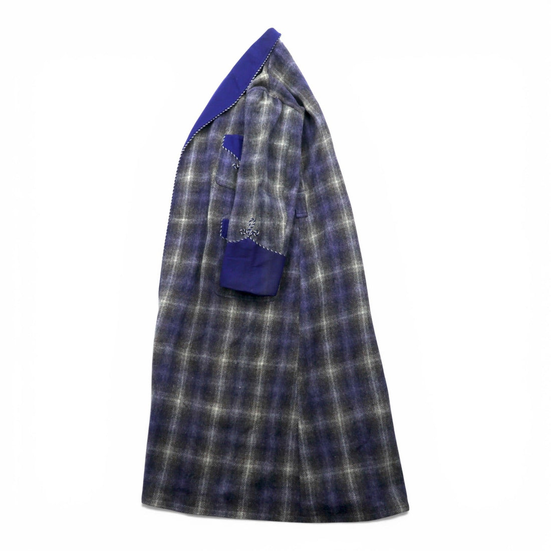 70s Vintage Robe Coat, Made in the UK, Free Blue Embroidery Wool Check