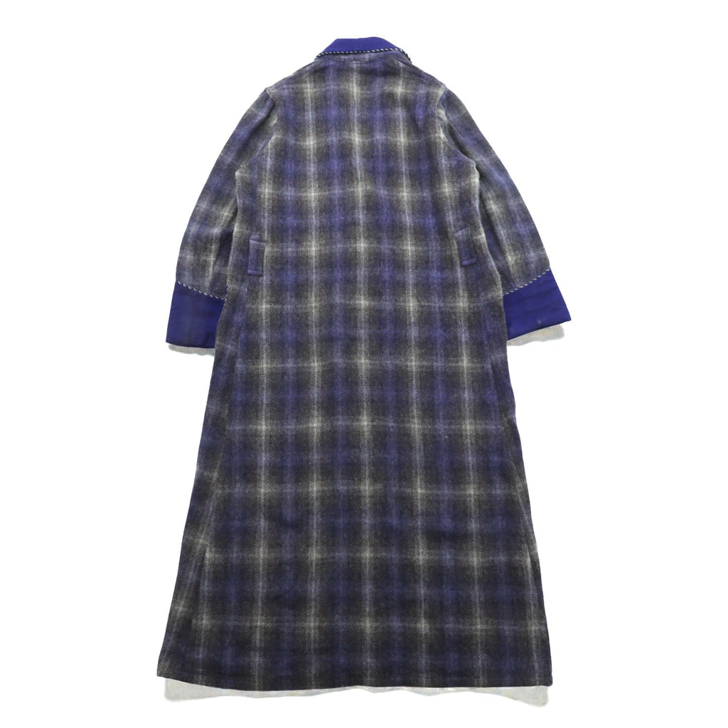 70s Vintage Robe Coat 英国製 ガウン ローブ コート FREE ブルー 刺繍 ウール チェック イギリス製