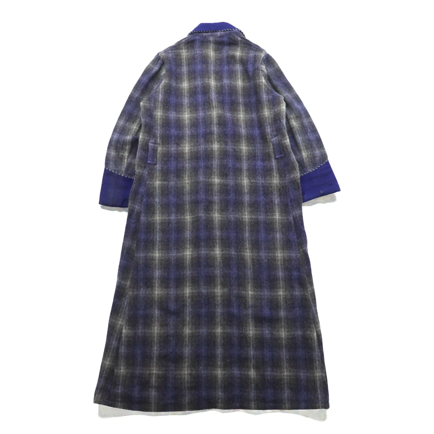 70s Vintage Robe Coat 英国製 ガウン ローブ コート FREE ブルー 刺繍 ウール チェック イギリス製
