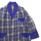 70s Vintage Robe Coat 英国製 ガウン ローブ コート FREE ブルー 刺繍 ウール チェック イギリス製