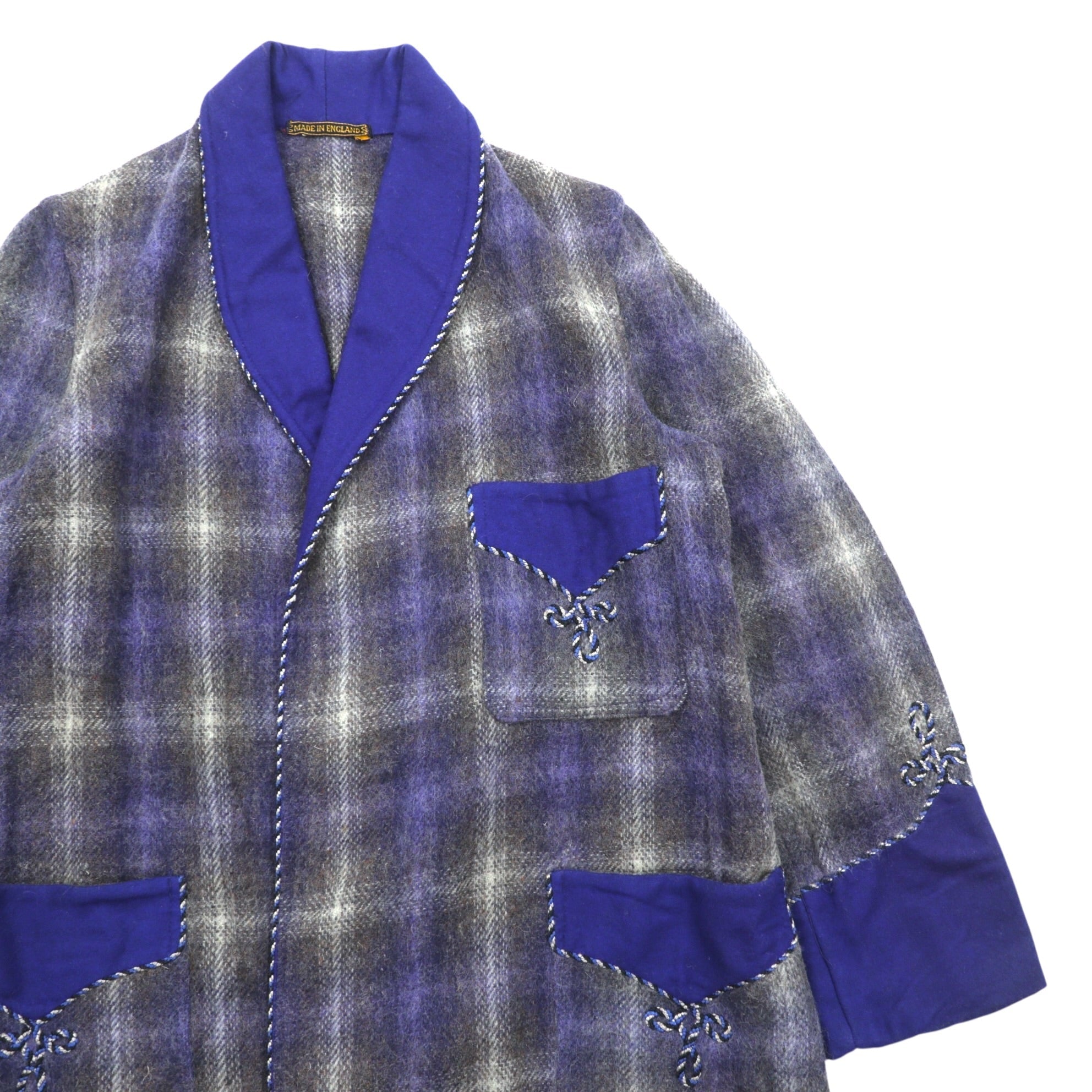70s Vintage Robe Coat 英国製 ガウン ローブ コート FREE ブルー 刺繍 ウール チェック イギリス製